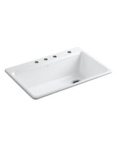 Kohler Riverby Cast Iron Sink, Single-Bowl, Top Mount, 4 Faucet Holes With Accessories