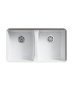 Kohler Deerfield Cast Iron Sink, Double Bowl, Undermount, 5 Faucet Holes