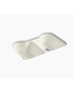 Kohler Hartland Cast Iron Sink, Double Equal Undercounter, 5 Faucet Holes – Biscuit