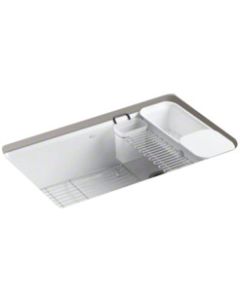 Kohler Riverby Cast Iron Sink, Single-Bowl, Undercounter, 5 Faucet Holes With Accessories